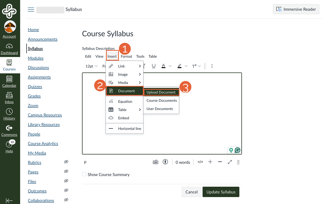 Editing window of Syllabus tool with Insert, Document, Upload document highlighted