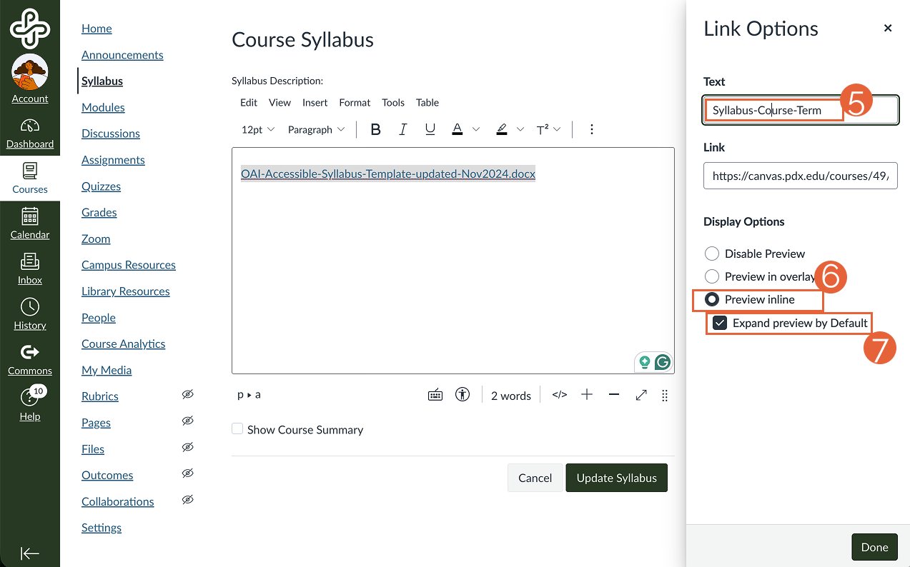 Link Options panel with text name, Preview inline and Expand preview by Default highlighted.