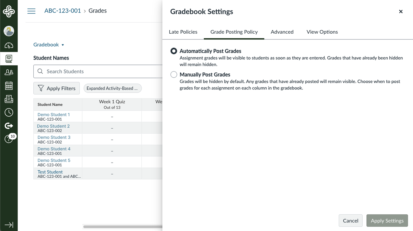 Canvas Gradebook settings panel showing two options: automatically post grades or manually post grades.