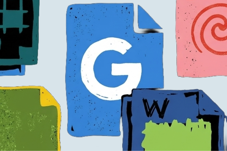 A vibrant, hand-drawn illustration of various document icons, spreadsheet grids, and software logos (like a large central 