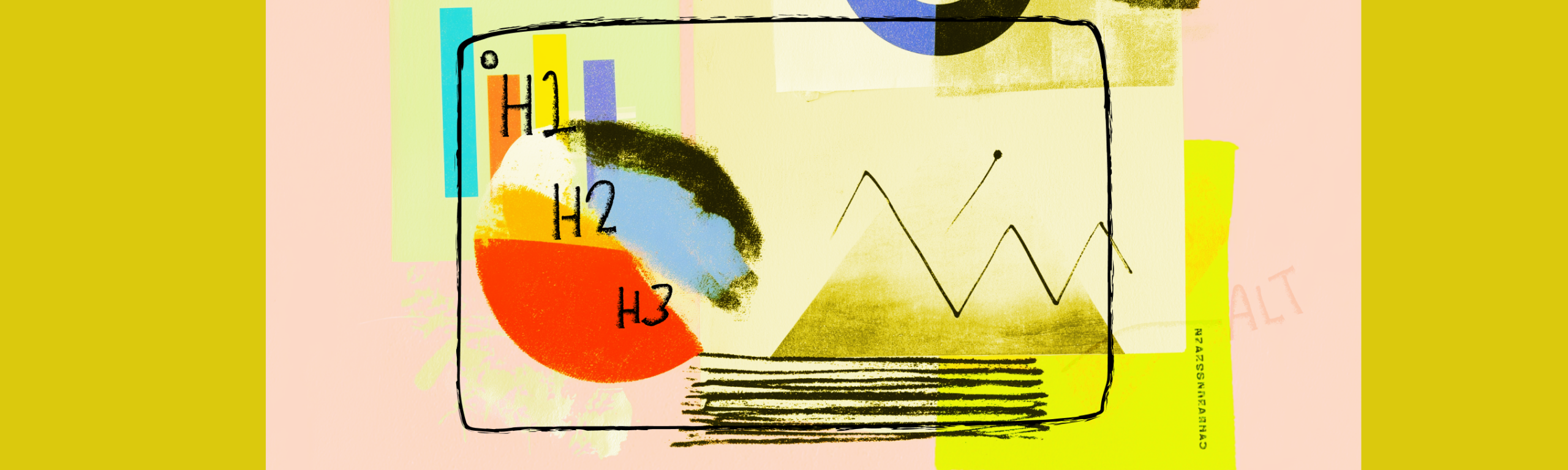 Abstract depiction of a slideshow template with headers and bright colors.