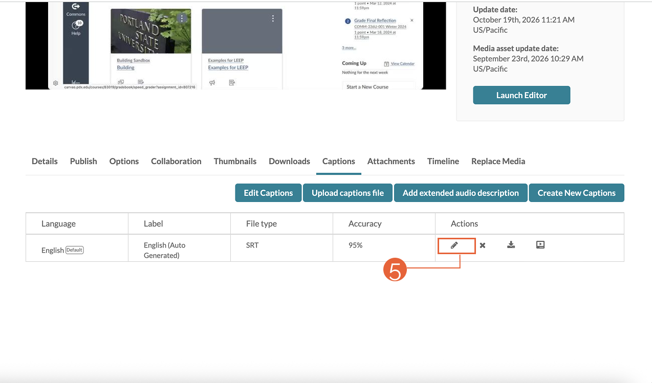 &ldquo;Captions detail page with edit captions file option highlighted.&rdquo;