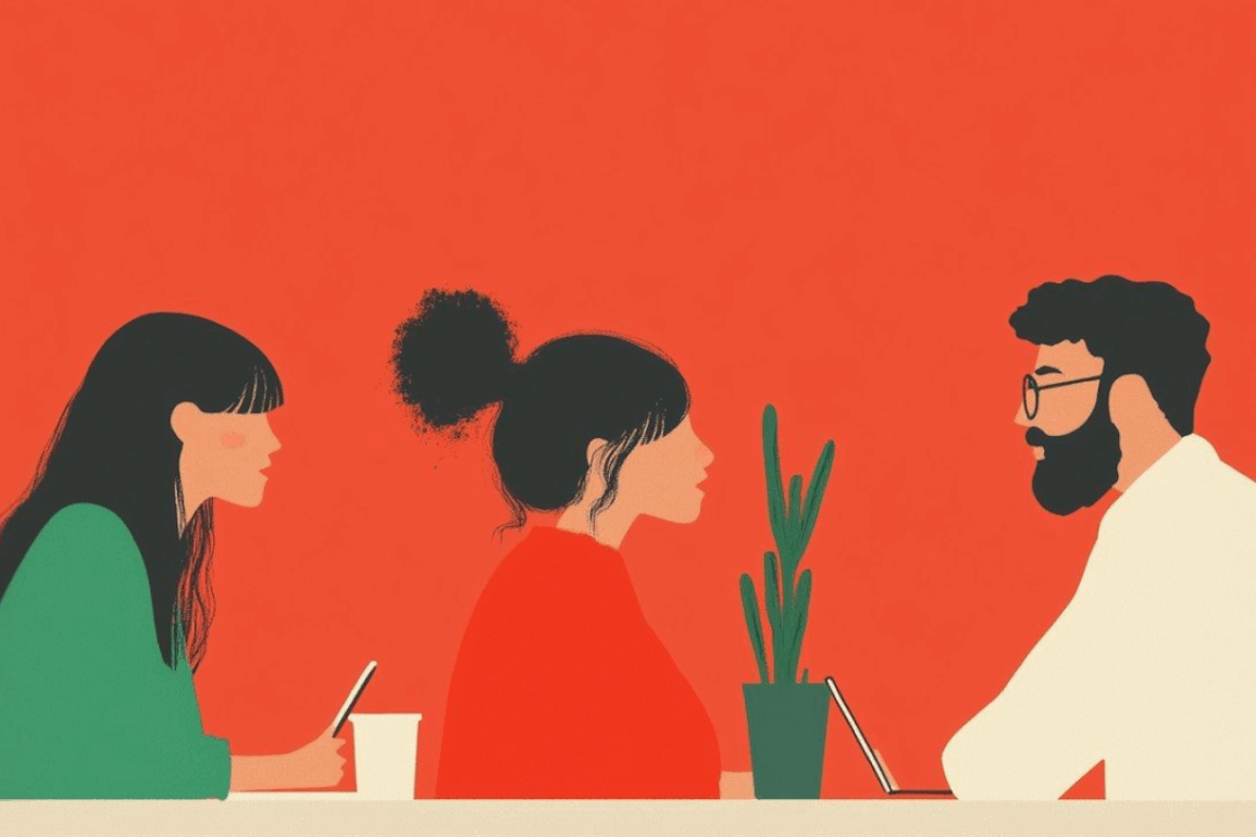 Stylized illustration of an instructor and two students engaged in a face-to-face discussion at a table.