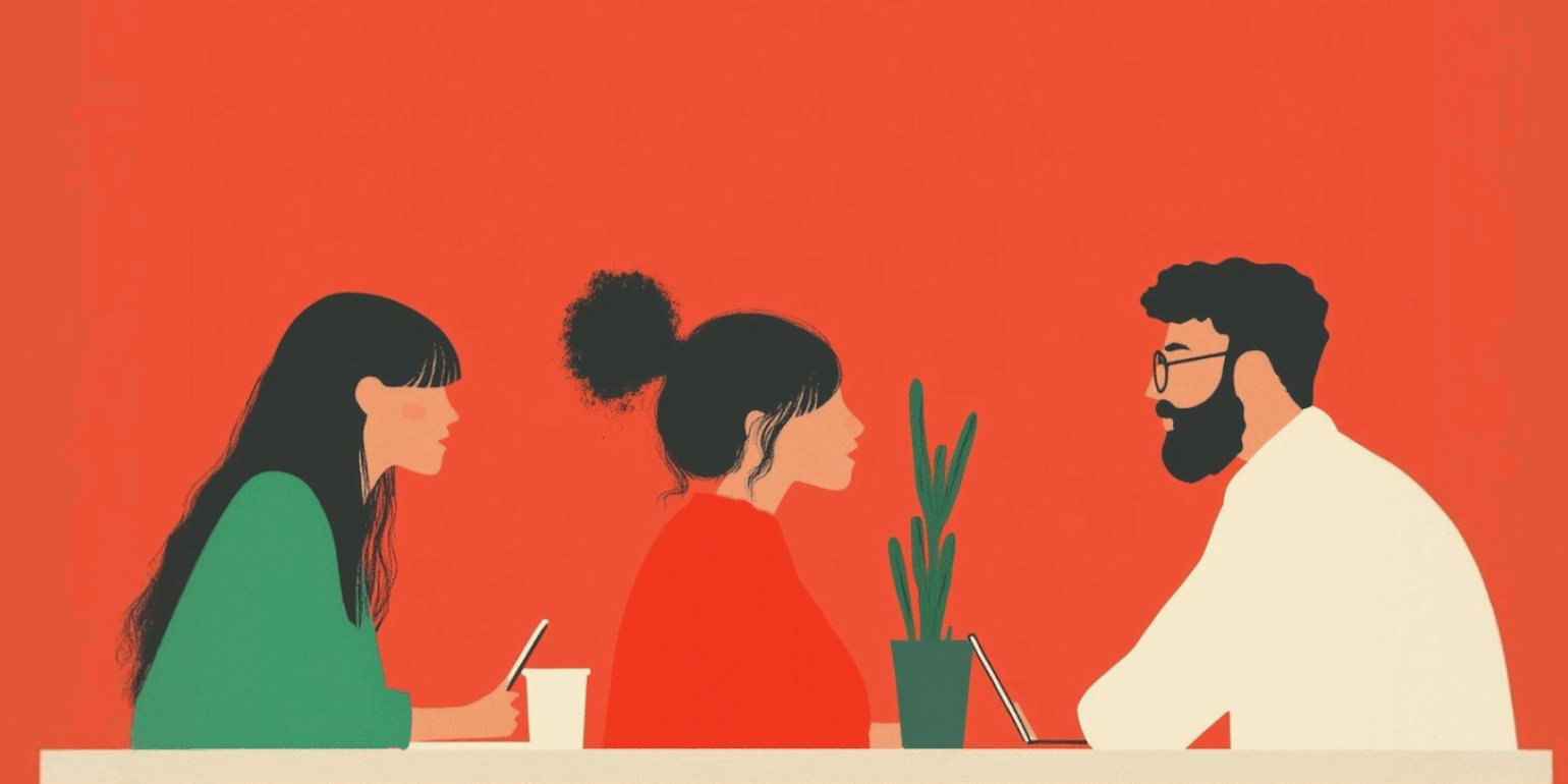 Stylized illustration of an instructor and two students engaged in a face-to-face discussion at a table.