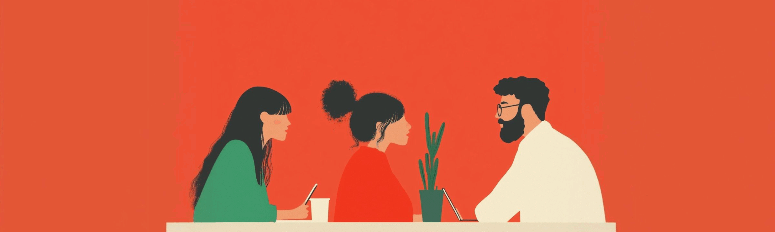 Stylized illustration of an instructor and two students engaged in a face-to-face discussion at a table.
