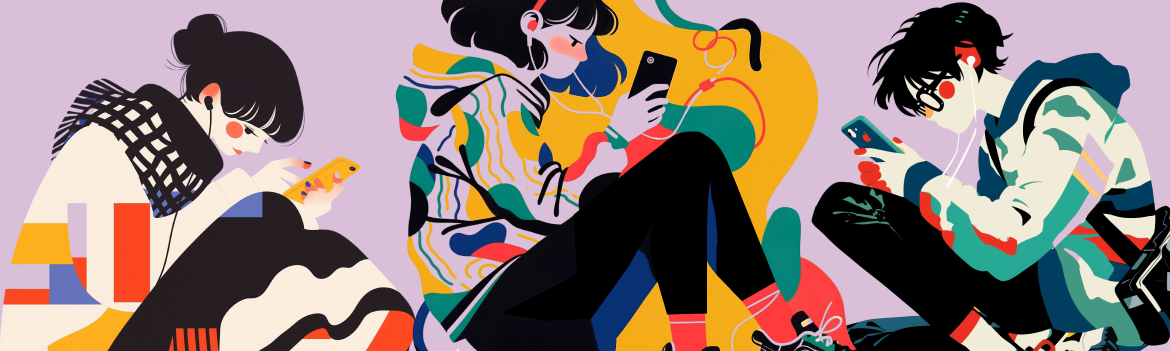 Vibrant illustration of students and instructors connected by colorful, flowing digital links while using mobile devices.
