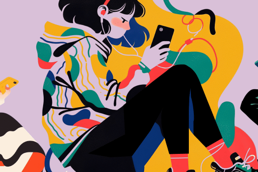 Vibrant illustration of students and instructors connected by colorful, flowing digital links while using mobile devices.