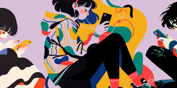 Vibrant illustration of students and instructors connected by colorful, flowing digital links while using mobile devices.