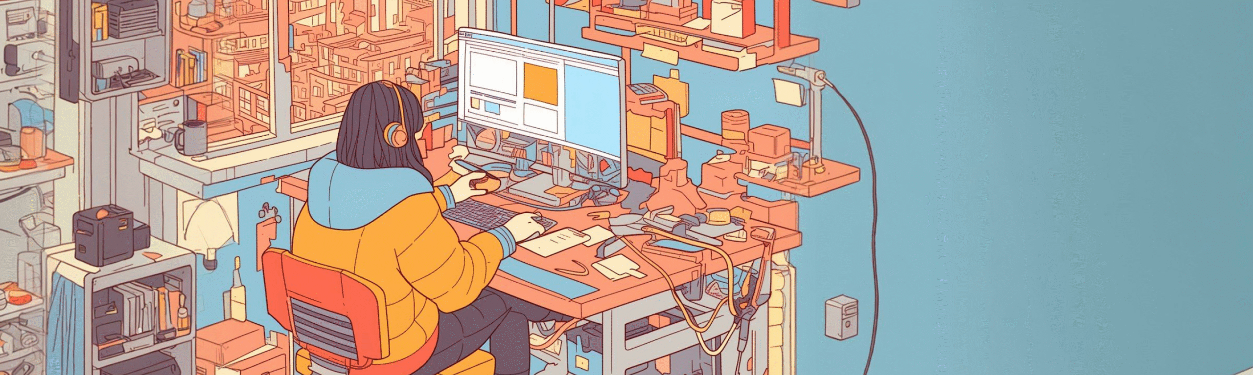 Stylized illustration of a person wearing headphones working at a cluttered computer desk in a warm-toned room.
