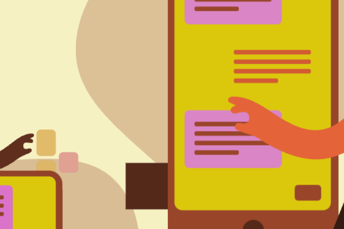 Minimalist illustration of a hand scrolling through a discussion thread on a smartphone.