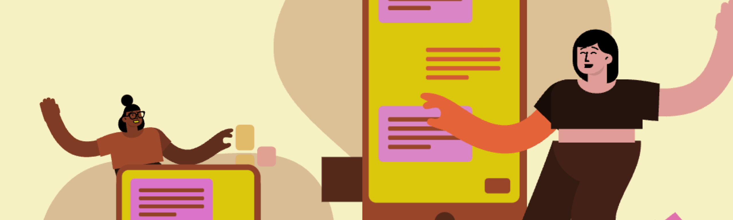 Minimalist illustration of a hand scrolling through a discussion thread on a smartphone.