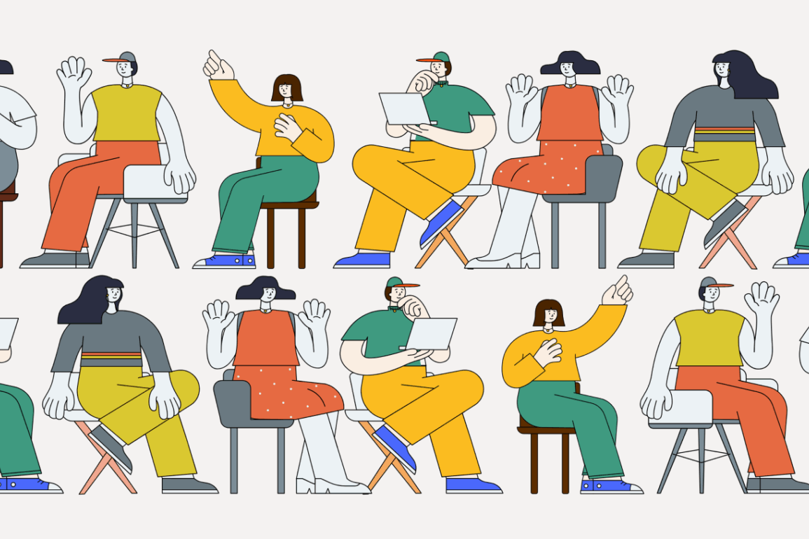 Stylized illustration of two long rows of diverse students engaged in various classroom activities.