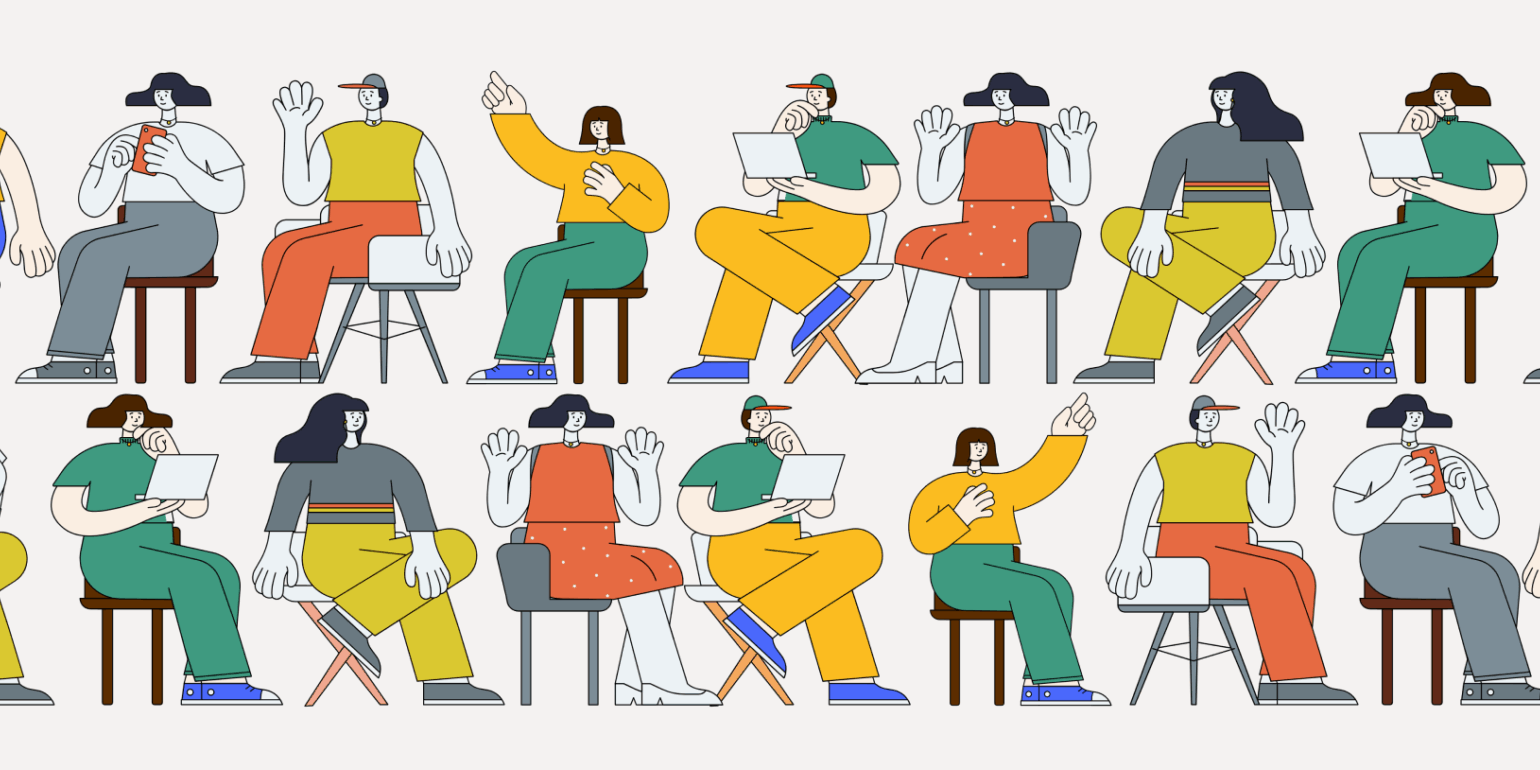Stylized illustration of two long rows of diverse students engaged in various classroom activities.