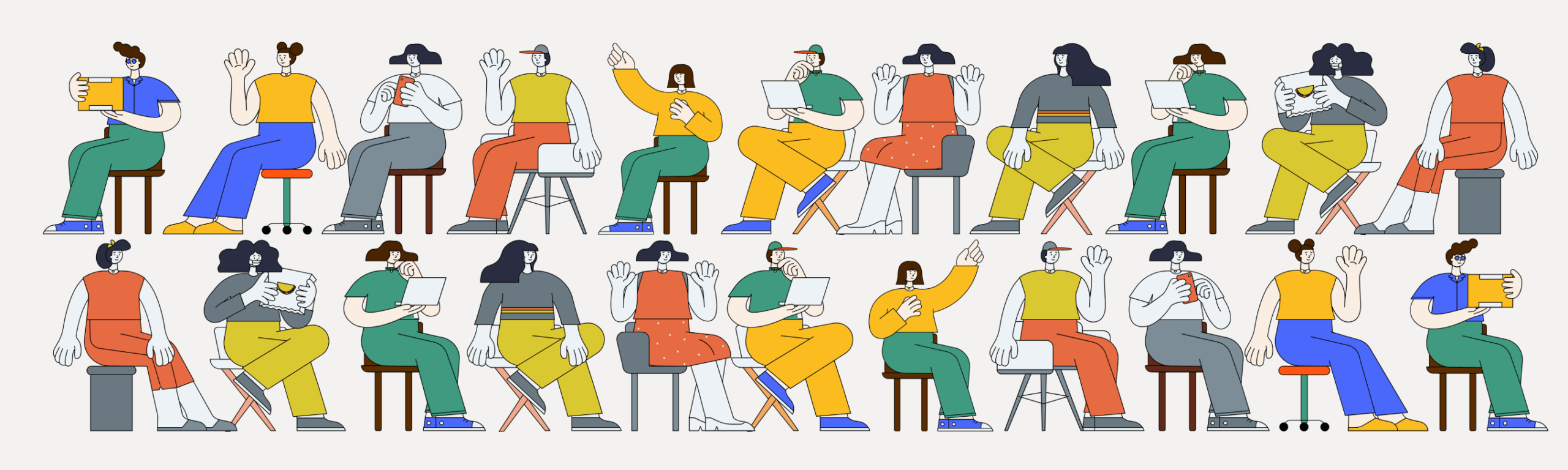 Stylized illustration of two long rows of diverse students engaged in various classroom activities.