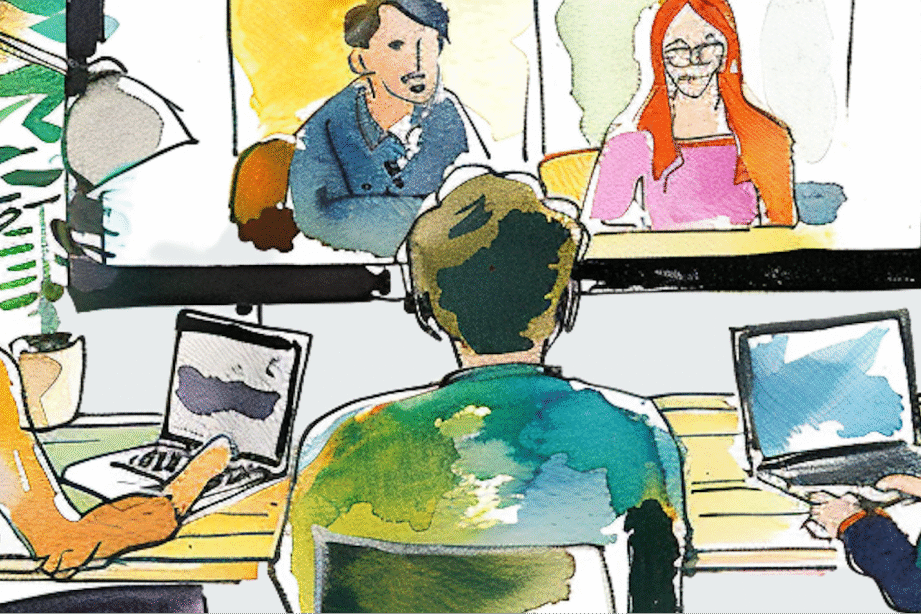Watercolor illustration of students in a physical classroom using laptops to collaborate with remote peers displayed on a large screen.