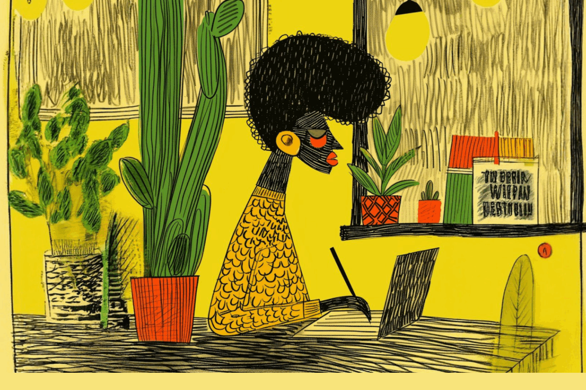 Stylized, warm-toned illustration of a student working at a laptop in a calm, plant-filled personal space.