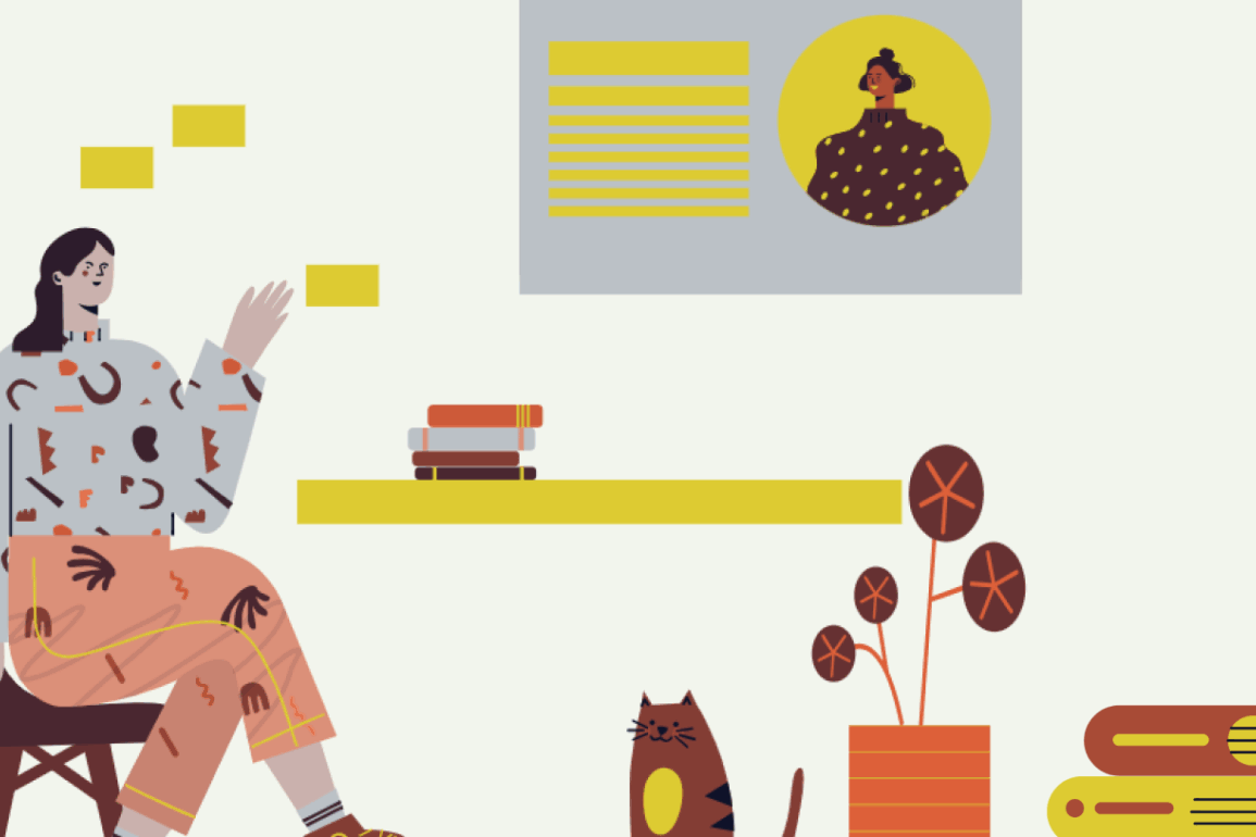 Stylized illustration of an instructor in a home office, surrounded by stacks of books, gesturing toward a digital screen to select and curate open educational resources.