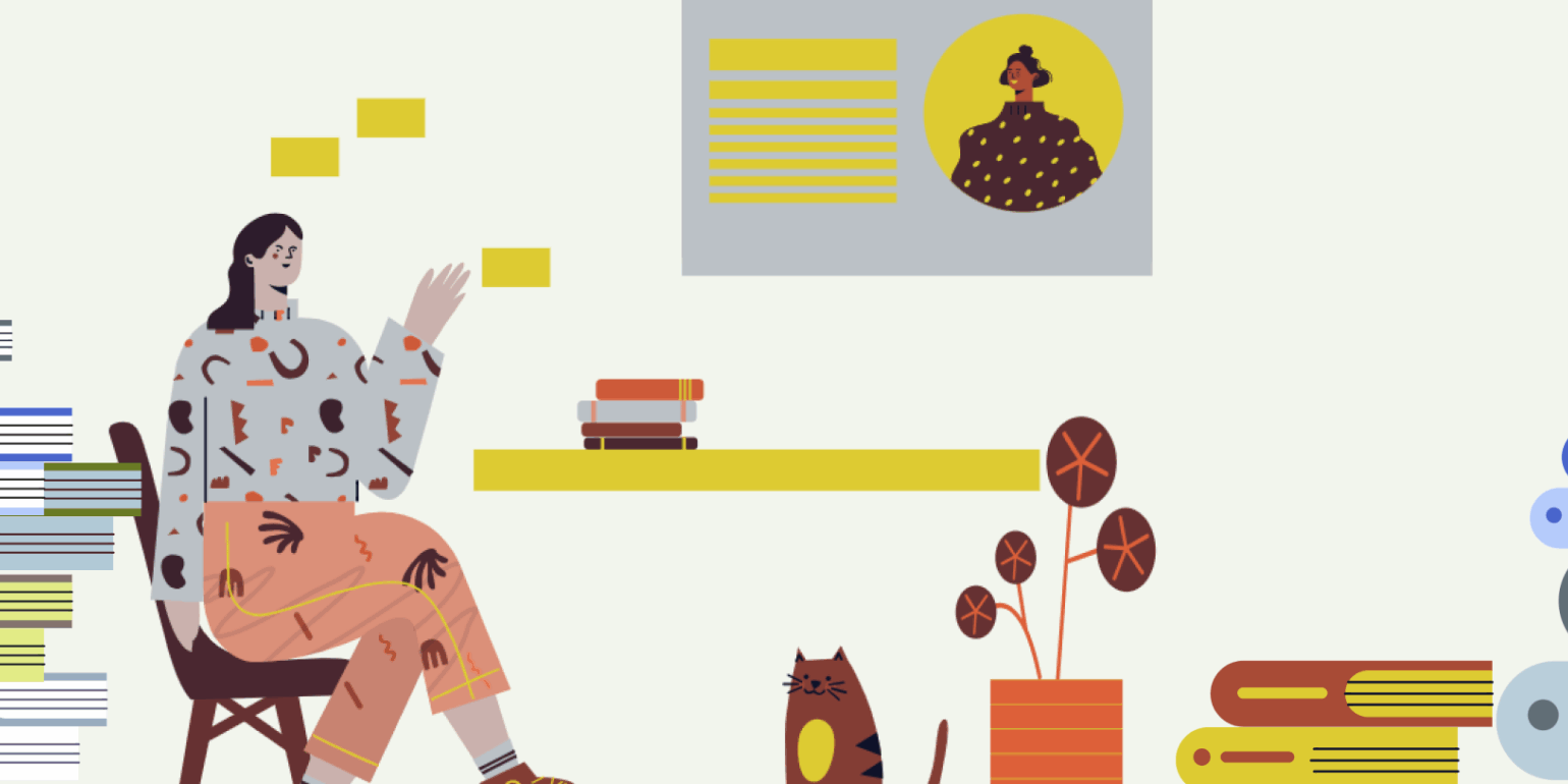 Stylized illustration of an instructor in a home office, surrounded by stacks of books, gesturing toward a digital screen to select and curate open educational resources.
