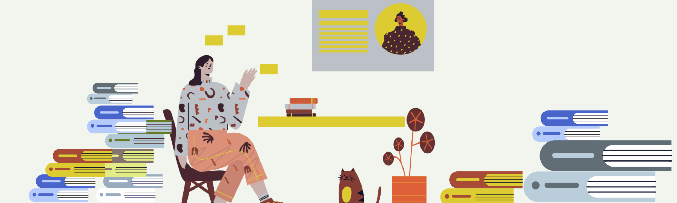 Stylized illustration of an instructor in a home office, surrounded by stacks of books, gesturing toward a digital screen to select and curate open educational resources.