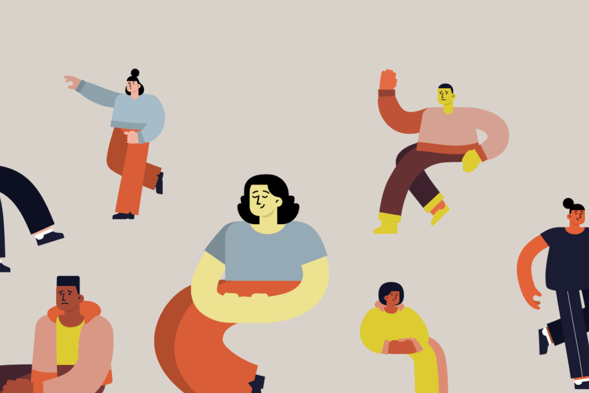 Modern illustration of diverse individuals in various seated and standing poses, representing a range of perspectives and emotional states in a classroom setting.