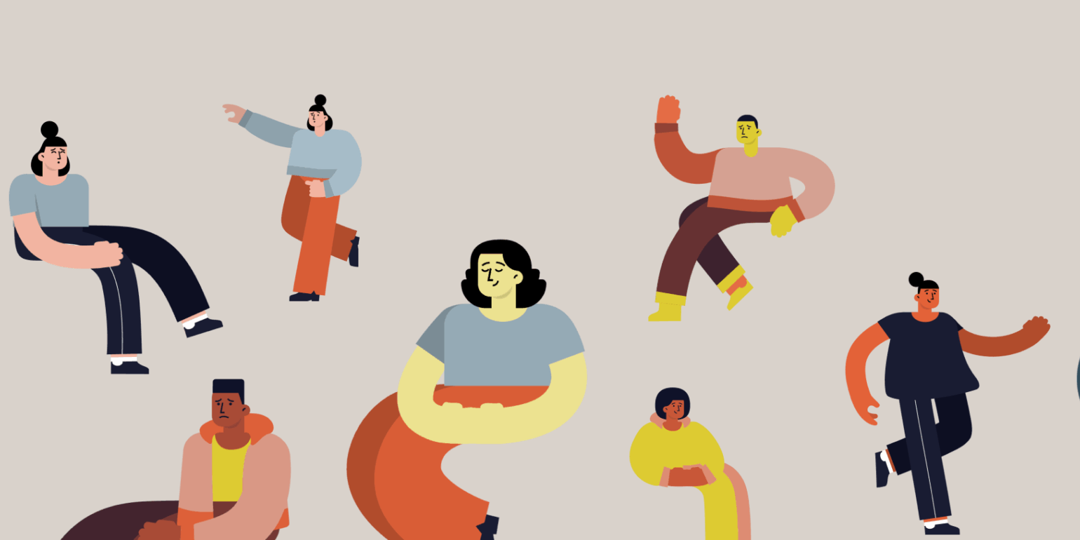 Modern illustration of diverse individuals in various seated and standing poses, representing a range of perspectives and emotional states in a classroom setting.