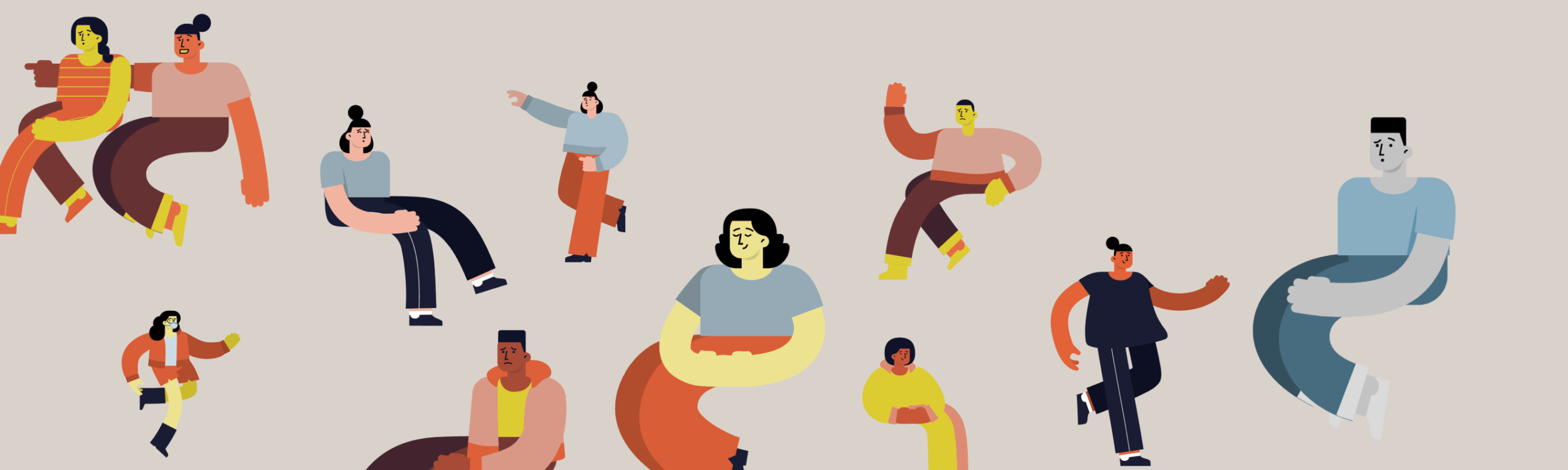 Modern illustration of diverse individuals in various seated and standing poses, representing a range of perspectives and emotional states in a classroom setting.