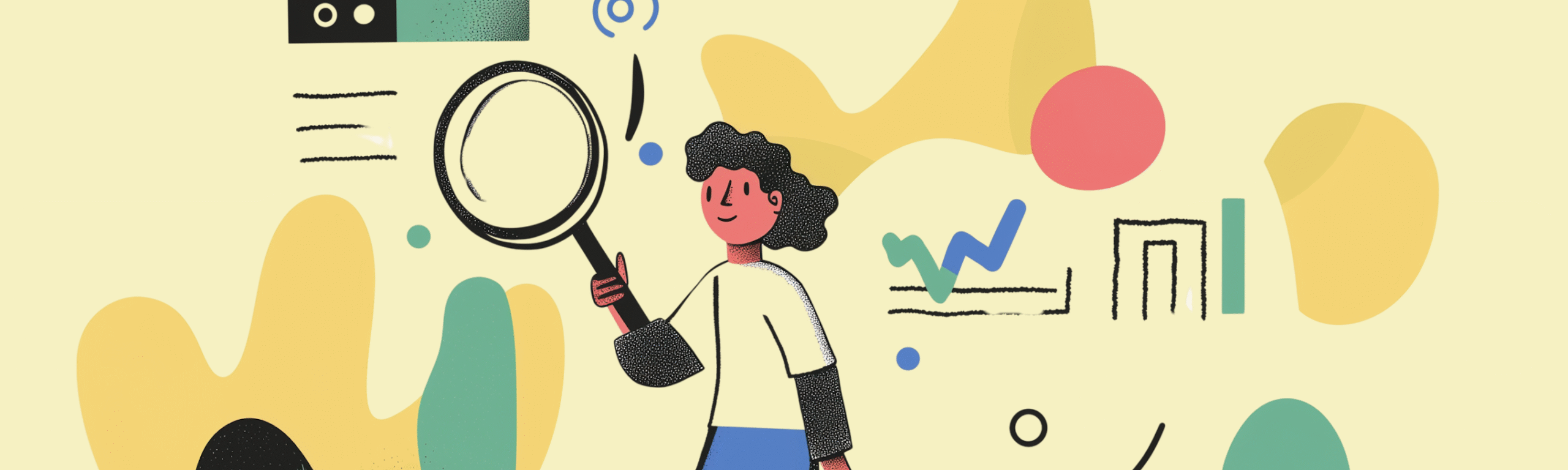 Whimsical illustration of a cartoon character exploring with a magnifying glass amidst colorful abstract shapes and charts.