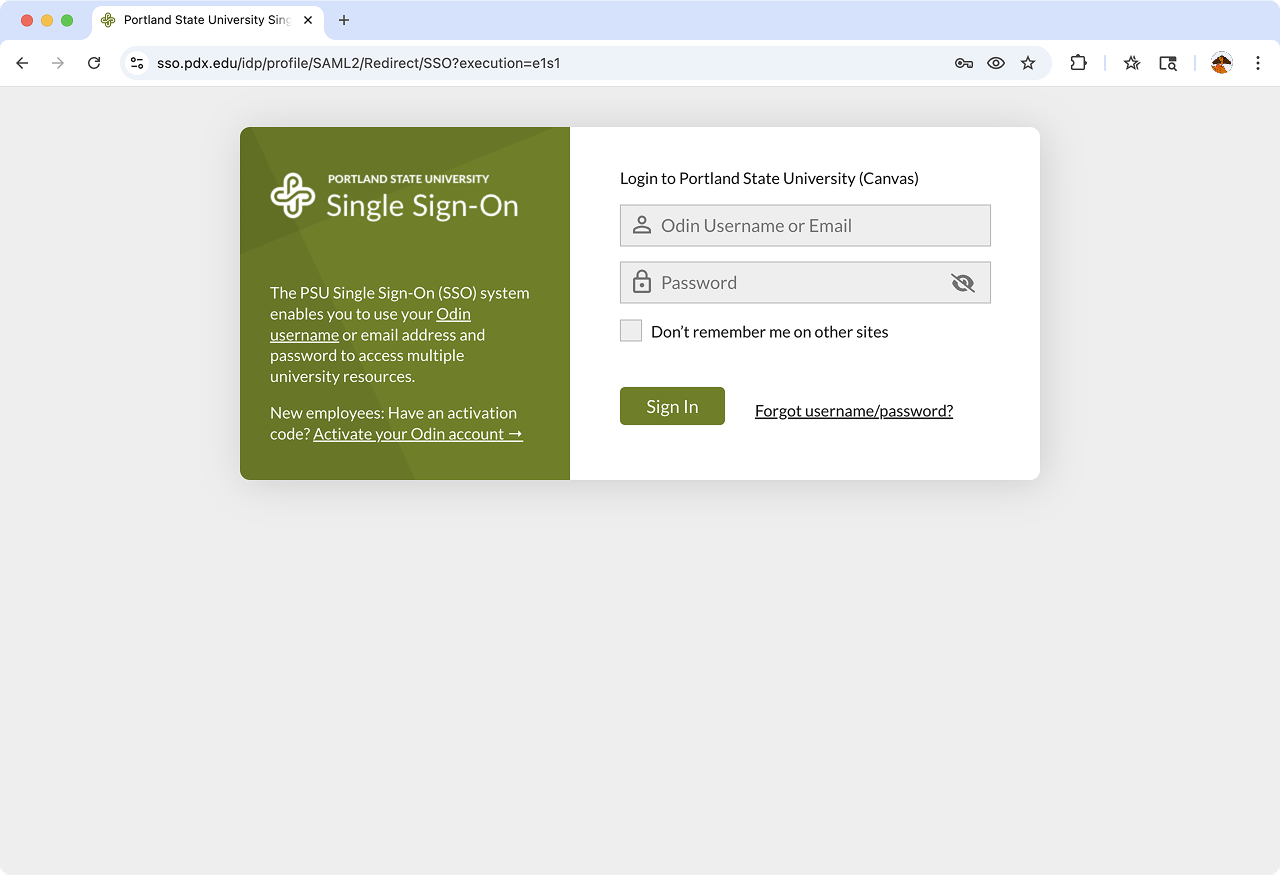 Portland State single sign on screen for Canvas log in.