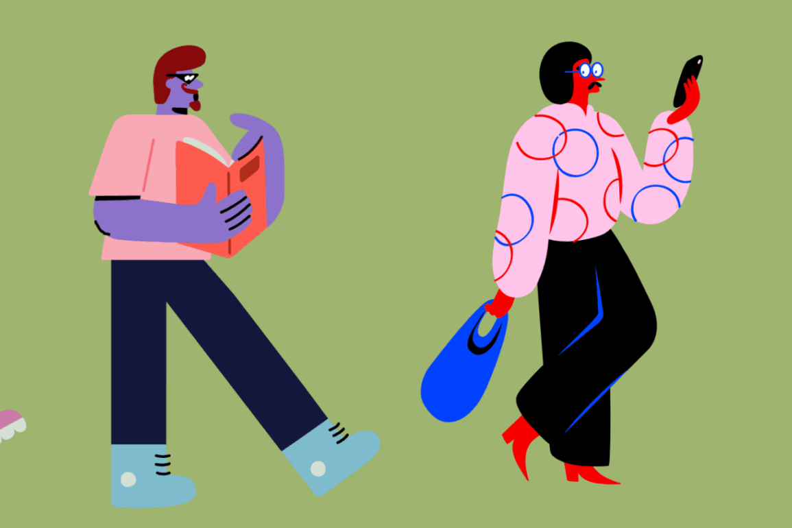 Stylized illustration of a diverse group of learners using different tools—including a wheelchair, a book, a smartphone, and a laptop—to move together across a green background.