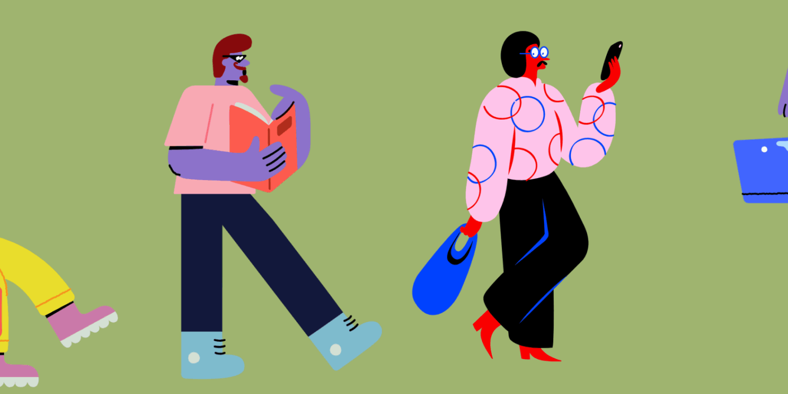 Stylized illustration of a diverse group of learners using different tools—including a wheelchair, a book, a smartphone, and a laptop—to move together across a green background.
