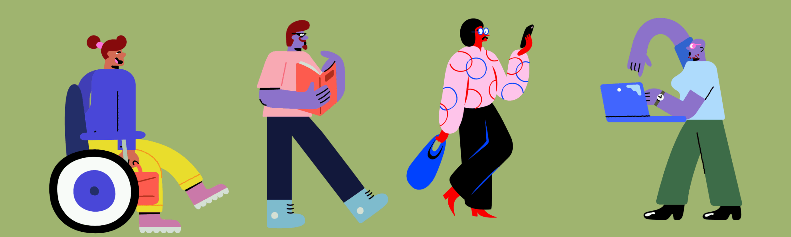 Stylized illustration of a diverse group of learners using different tools—including a wheelchair, a book, a smartphone, and a laptop—to move together across a green background.