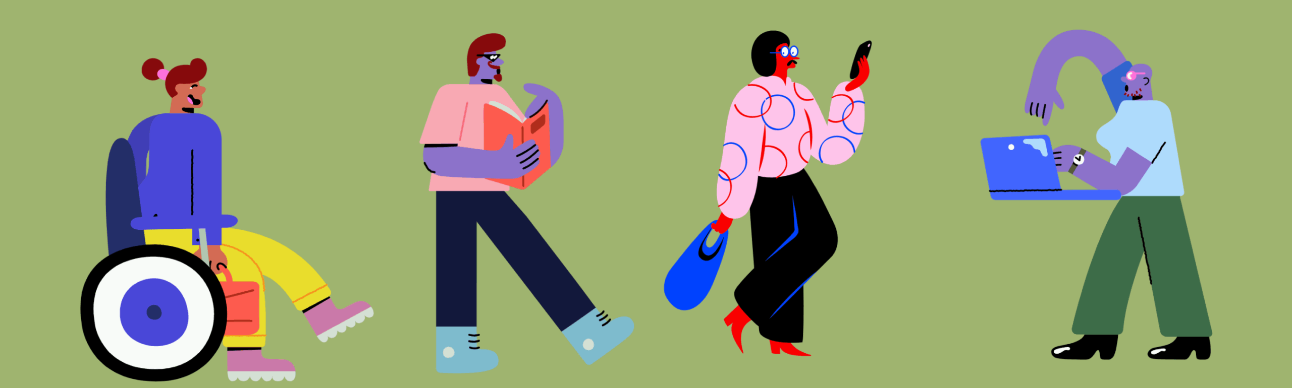 Stylized illustration of a diverse group of learners using different tools—including a wheelchair, a book, a smartphone, and a laptop—to move together across a green background.