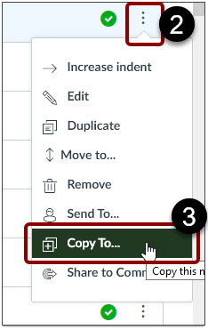 Module item menu with Copy To highlighted.