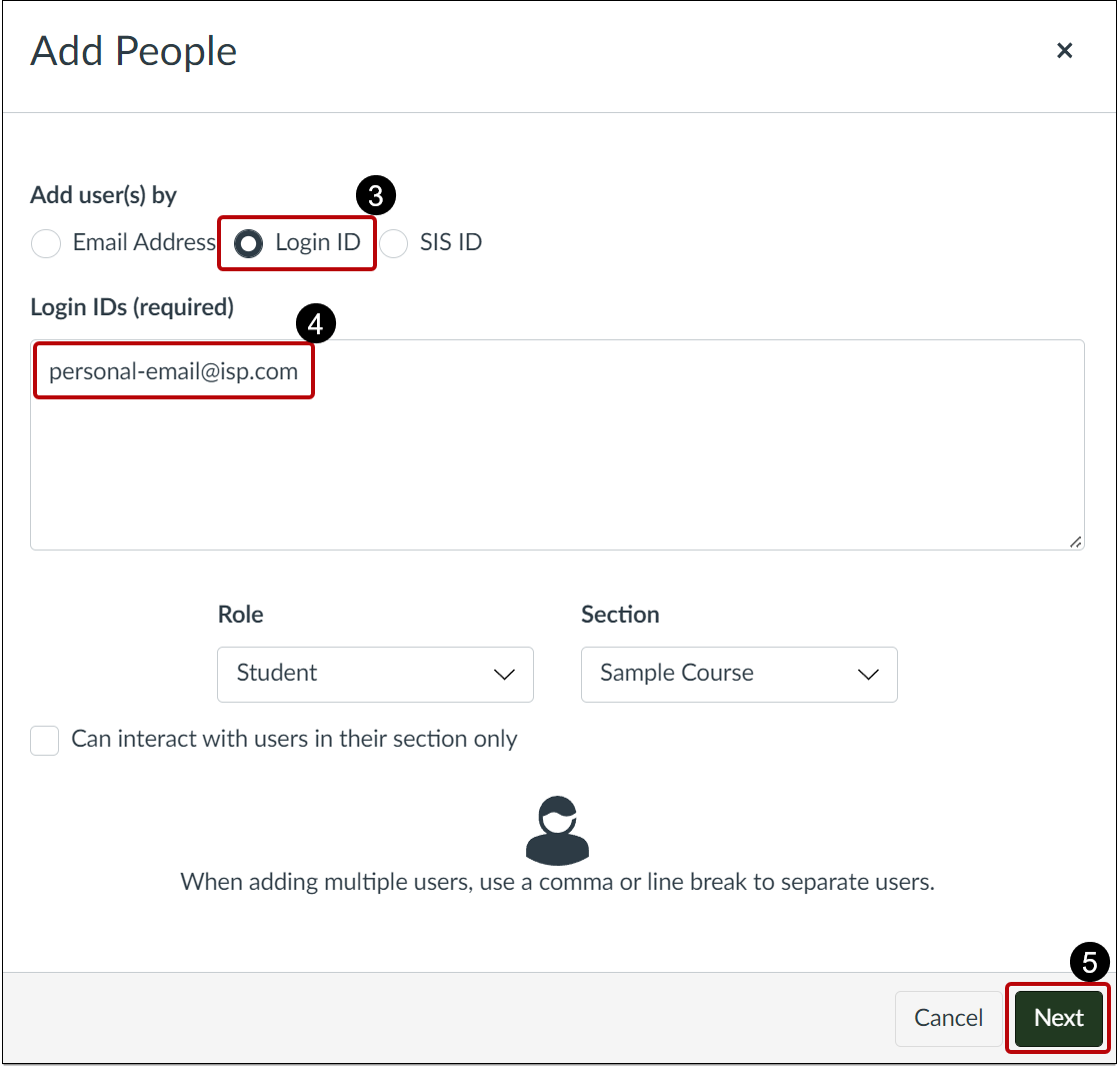 Add People window with Login ID selected.
