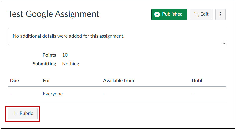 Saved assignment with the +Rubric button highlighted.