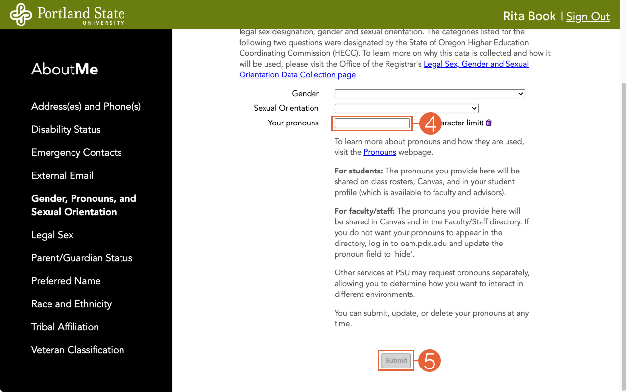 AboutMe page with the text entry box next to &ldquo;Your pronouns&rdquo; highlighted with a red box and step number four. The &lsquo;Submit&rsquo; button is highlighted with a red box and step number five.