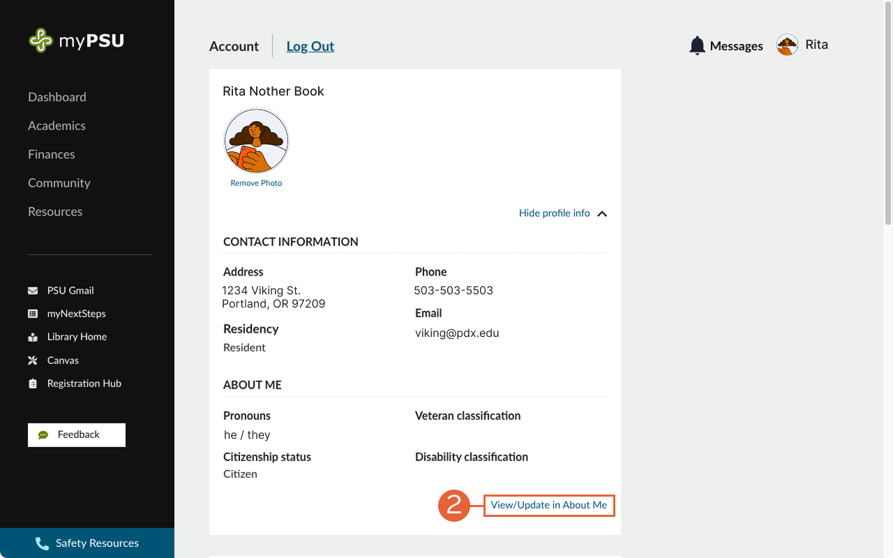 myPSU Account page with &lsquo;View/Update in About Me&rsquo; highlighted with a red box and step number two.