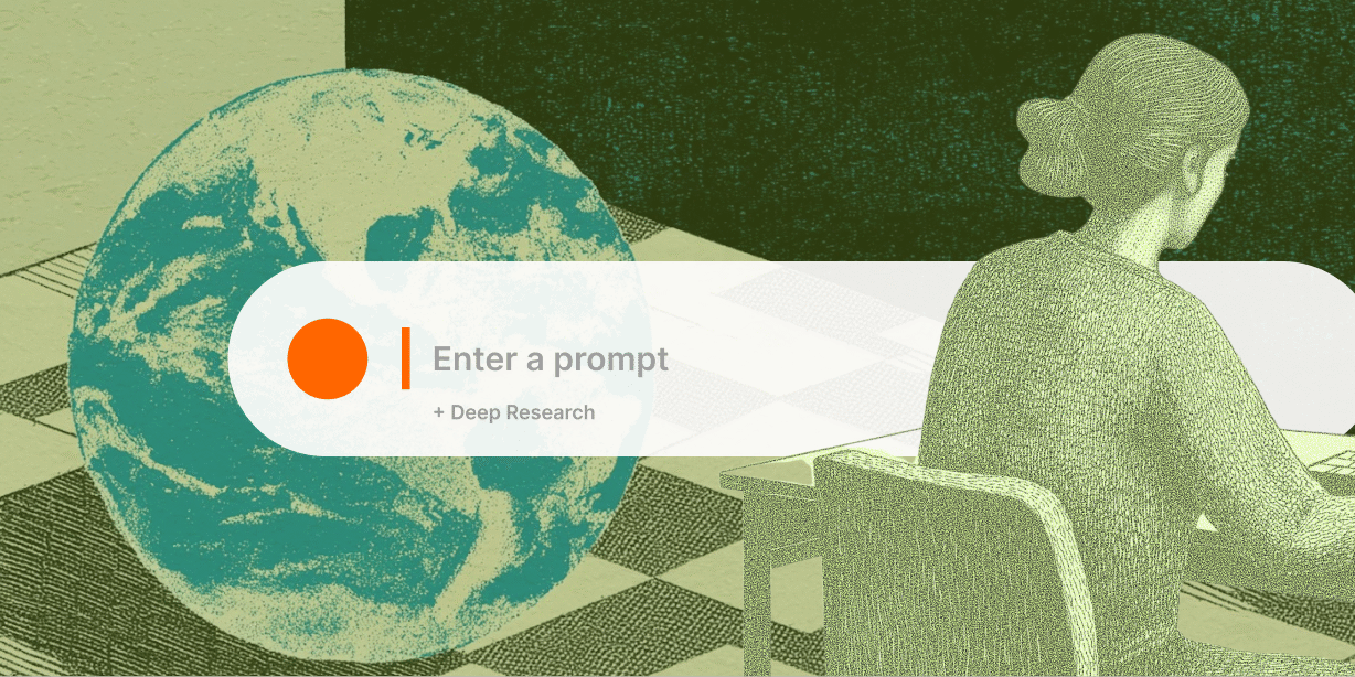 A collage of a scholar and a globe overlaid with a digital AI prompt bar.