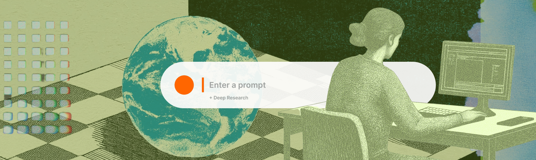 A collage of a scholar and a globe overlaid with a digital AI prompt bar.