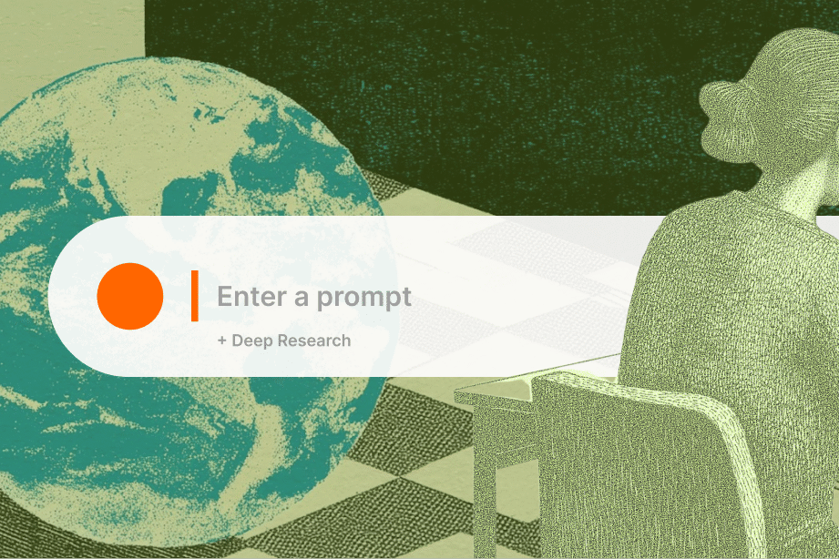 A collage of a scholar and a globe overlaid with a digital AI prompt bar.