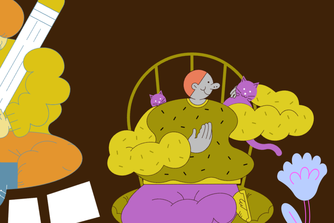 A whimsical illustration of three figures in soft, rounded shapes engaging in calming activities: writing, sitting with cats, and dancing among flowers.