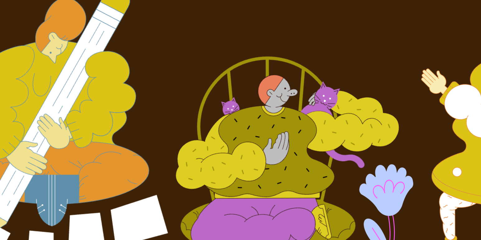 A whimsical illustration of three figures in soft, rounded shapes engaging in calming activities: writing, sitting with cats, and dancing among flowers.