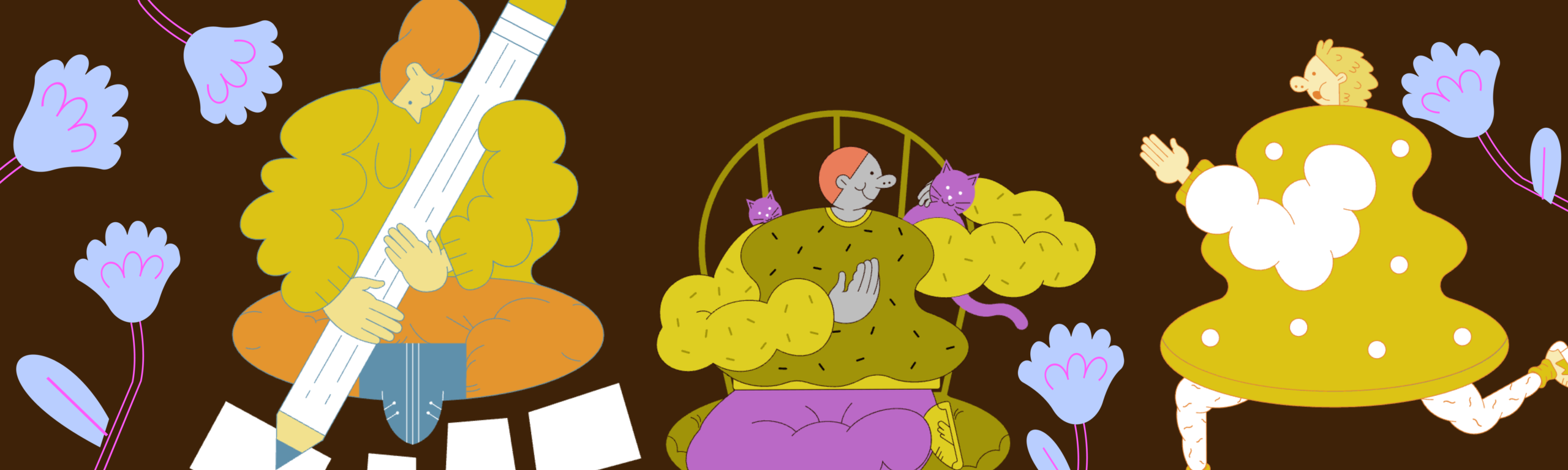 A whimsical illustration of three figures in soft, rounded shapes engaging in calming activities: writing, sitting with cats, and dancing among flowers.