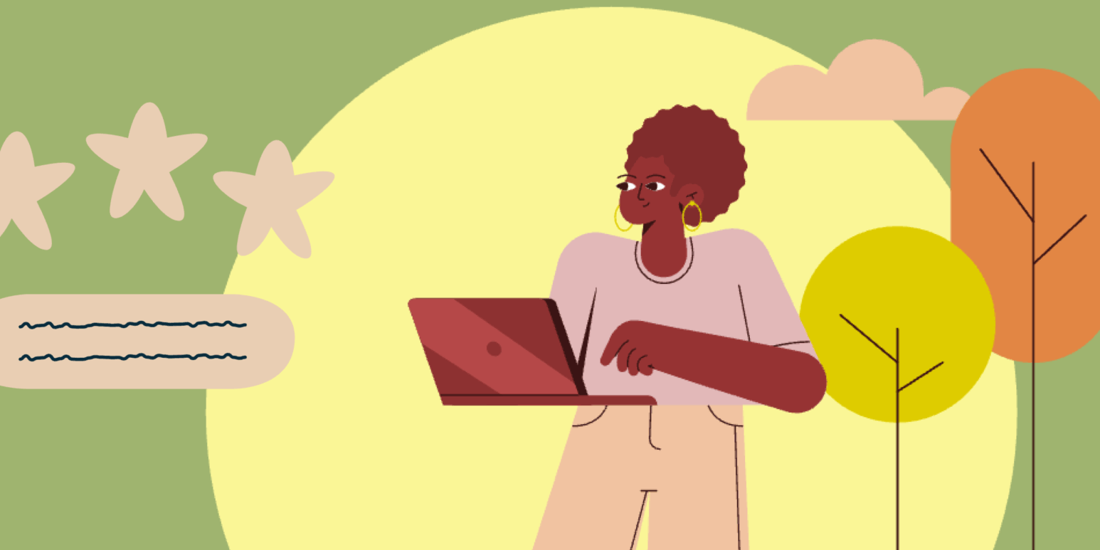 A stylized illustration of a student working on a laptop, accompanied by three stars and a text bubble representing academic standards and review.