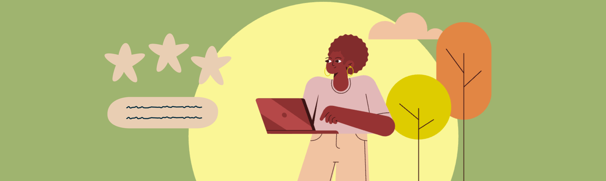A stylized illustration of a student working on a laptop, accompanied by three stars and a text bubble representing academic standards and review.