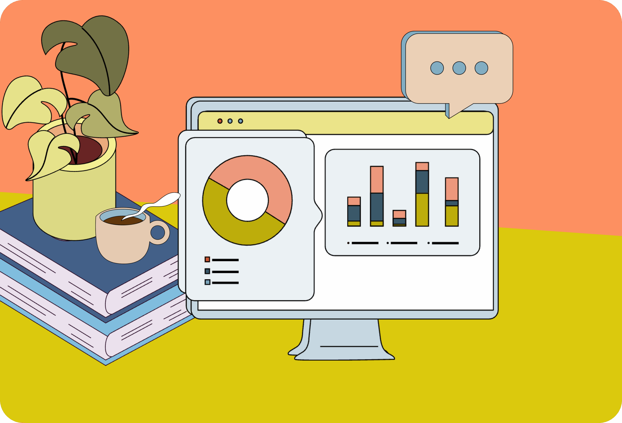 A colorful illustration of a digital dashboard on a computer monitor, surrounded by books, a plant, and a cup of coffee.