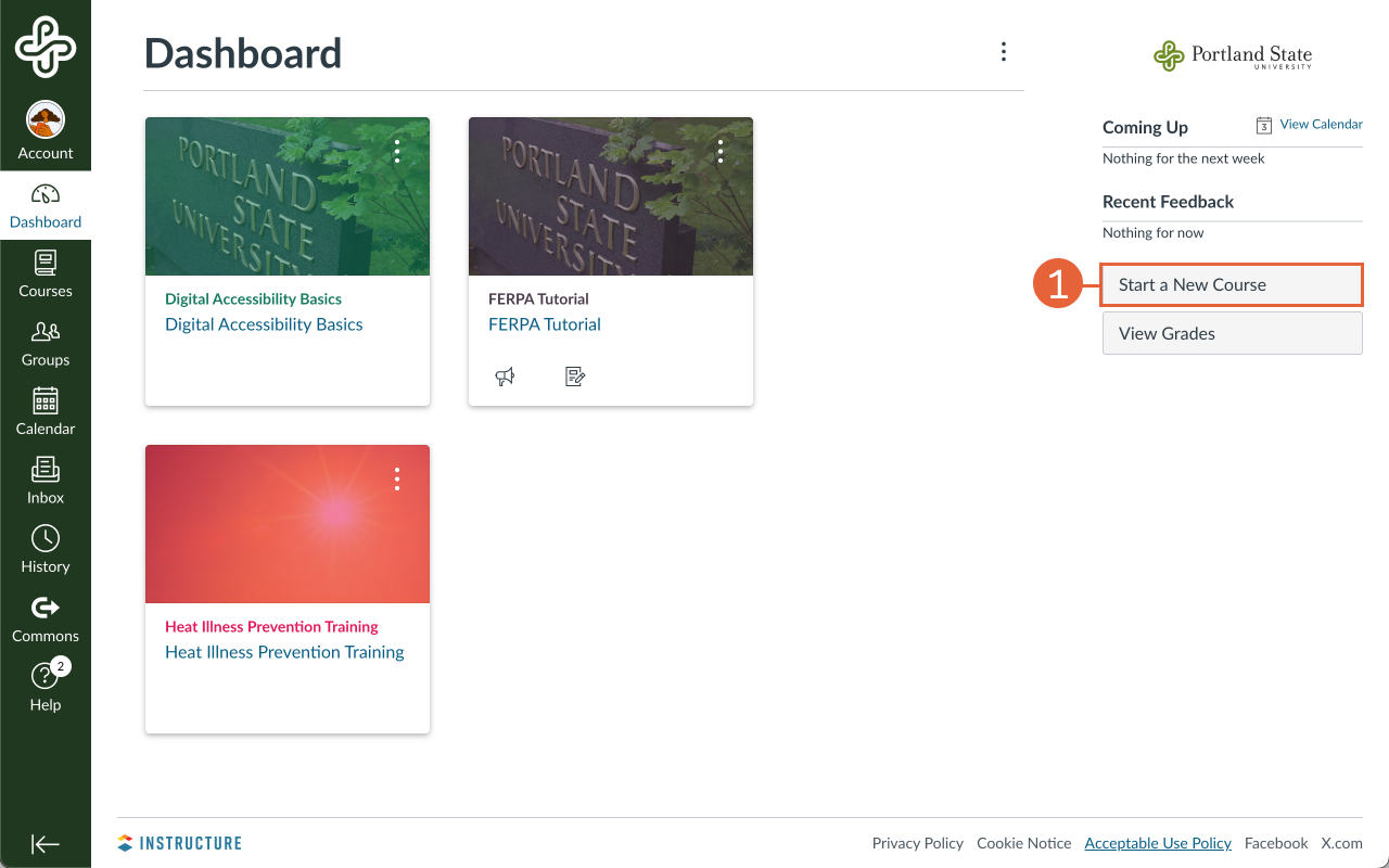 Start a new course button highlighted on Canvas dashboard.