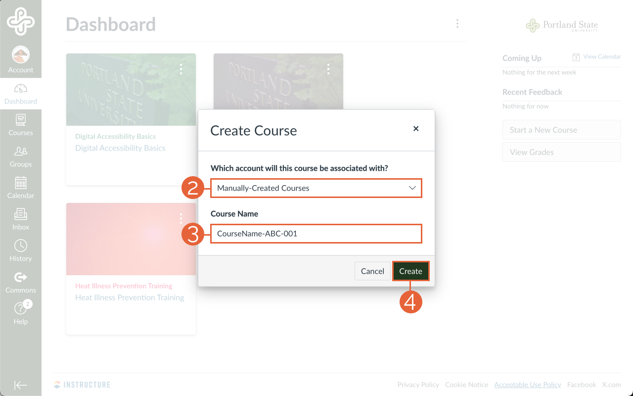 Create course dialogue options from Canvas dashboard.