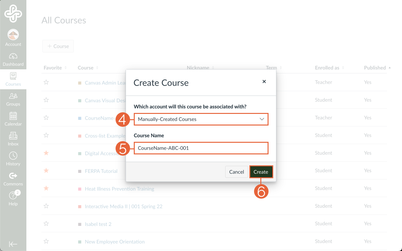 Create course dialogue options from all courses page.