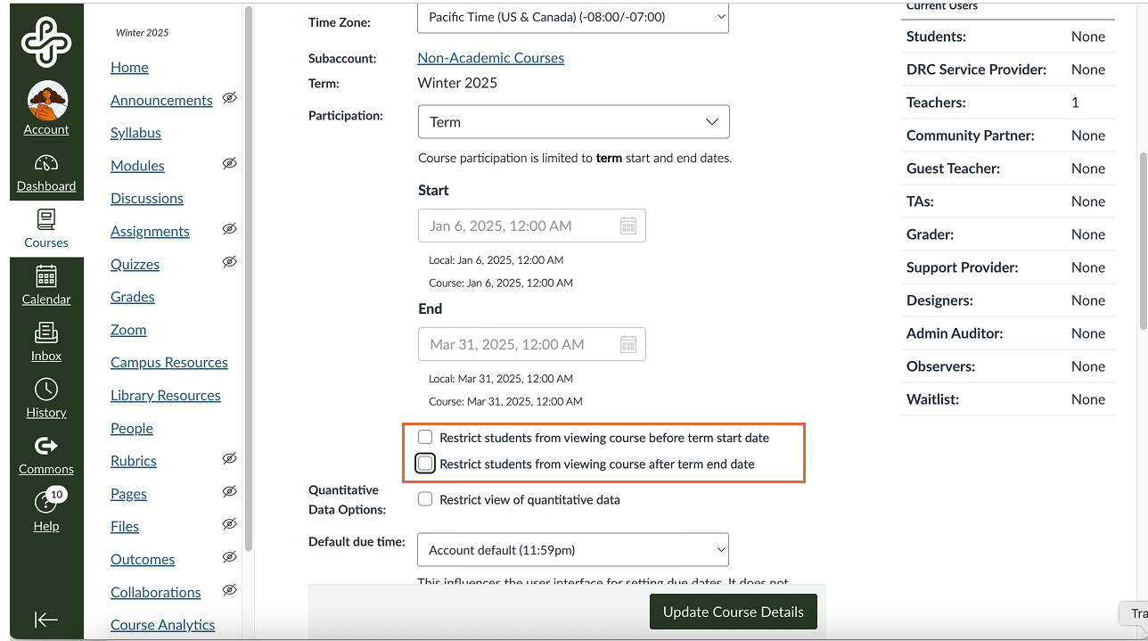 Canvas course settings page with student view restrictions deselected.